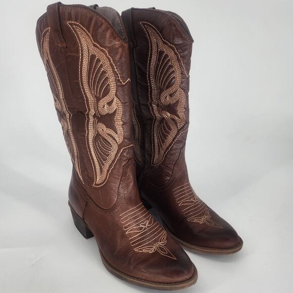 Coconuts by Matisse Chance Embroidered Butterfly Cowgirl Boots Brown 8M - Picture 1 of 13